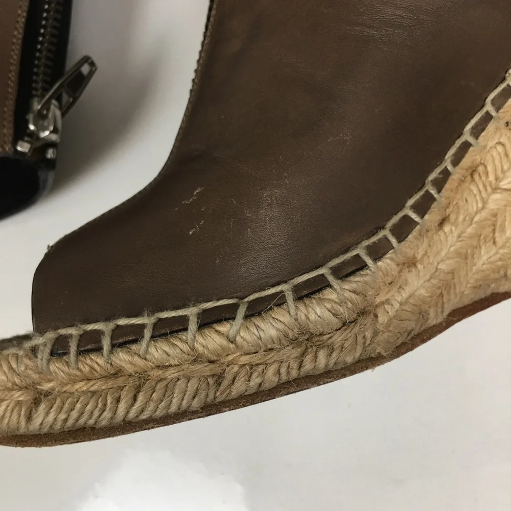 Celine Leather Espadrille Wedges Zipper Sandals Tan Taupe Peep Toe Designer